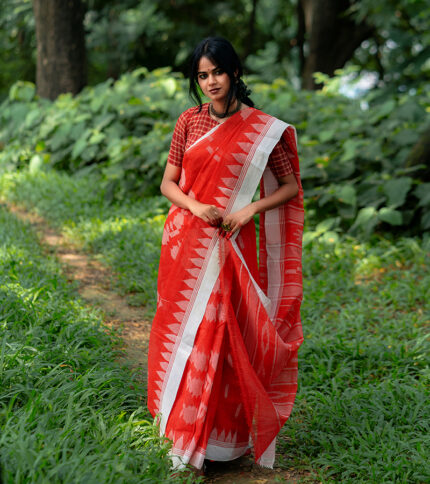 Vibrant Red with White Border Handloom Manipuri Saree