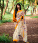 Off White/Yellow Handloom Manipuri Cotton Saree - Image 2