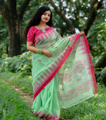 Soft Mint Green with Magenta Pink Border Handloom Manipuri Saree