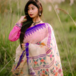 Off-White with Royal Blue Border Handloom Manipuri Saree