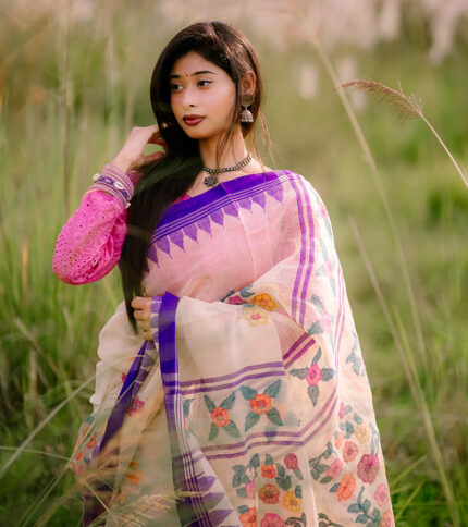 Off-White with Royal Blue Border Handloom Manipuri Saree