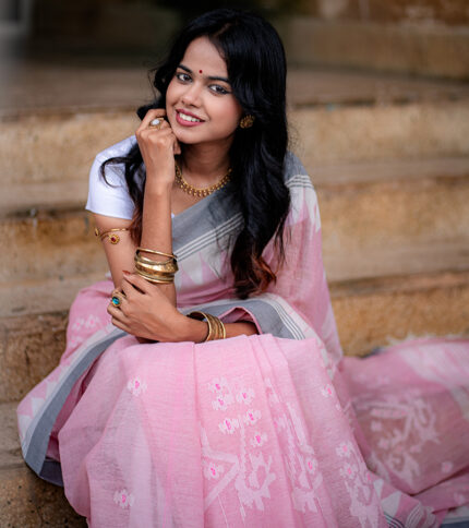 Baby Pink with Ash Grey Border Manipuri Saree