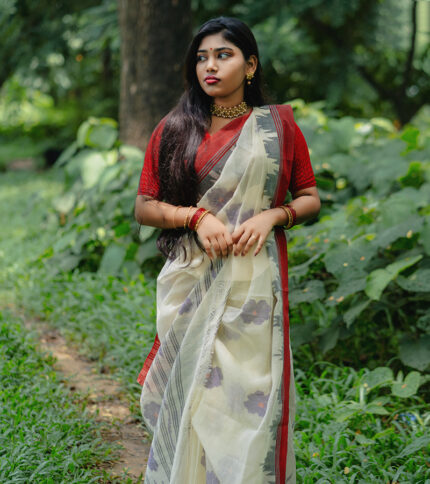 Classic Off-White/Cream with Red Border Handloom Manipuri Saree