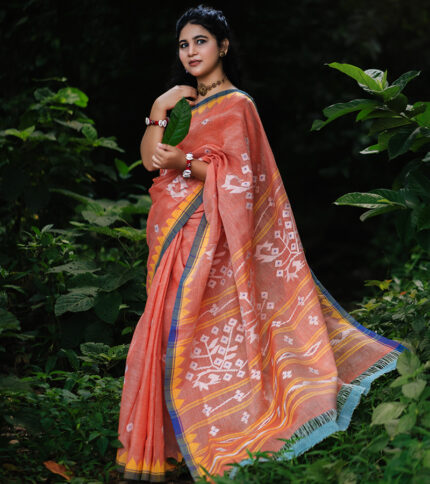 Peach/Orange with Yellow & Blue Border Manipuri Saree